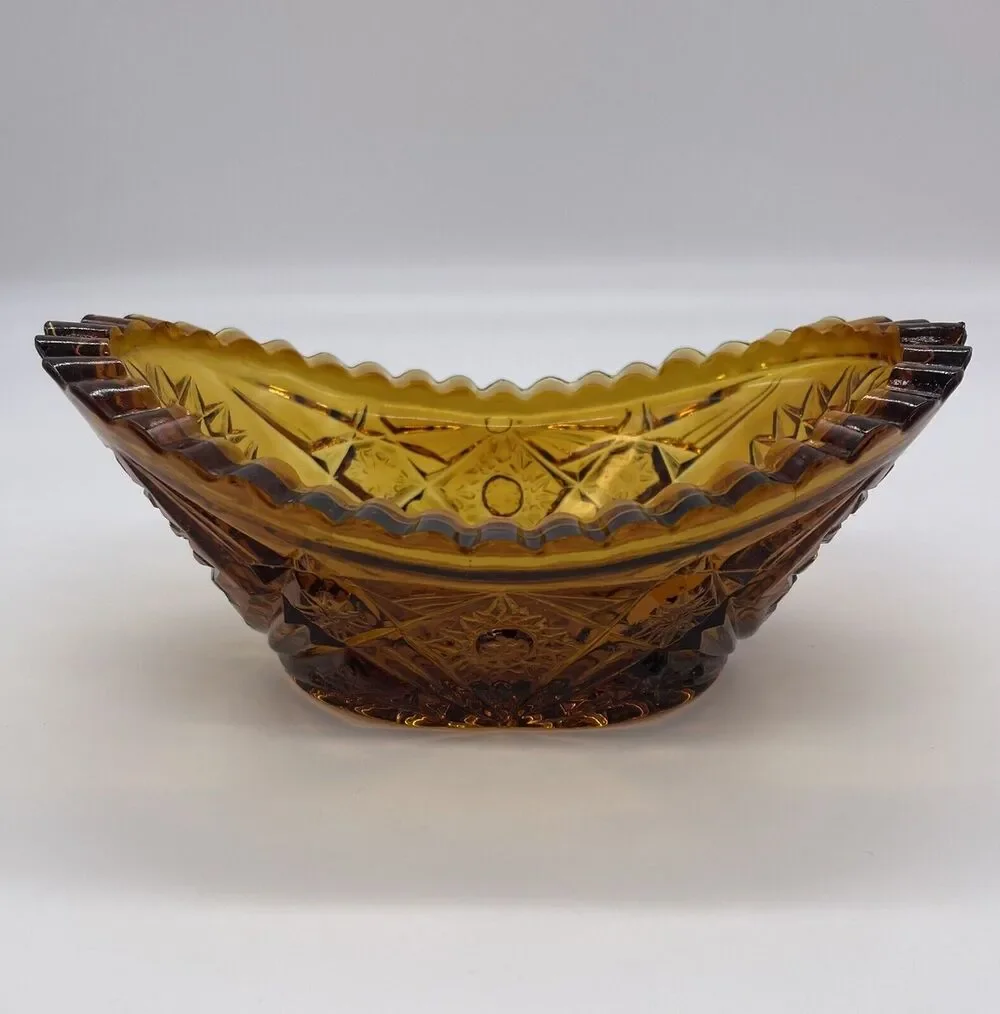 L.E. Smith Small Amber Cut Glass Star Pattern Oval Dish Vintage